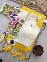 Yellow Handloom Cotton Saree With Embrodery Work Redy Made Blouse